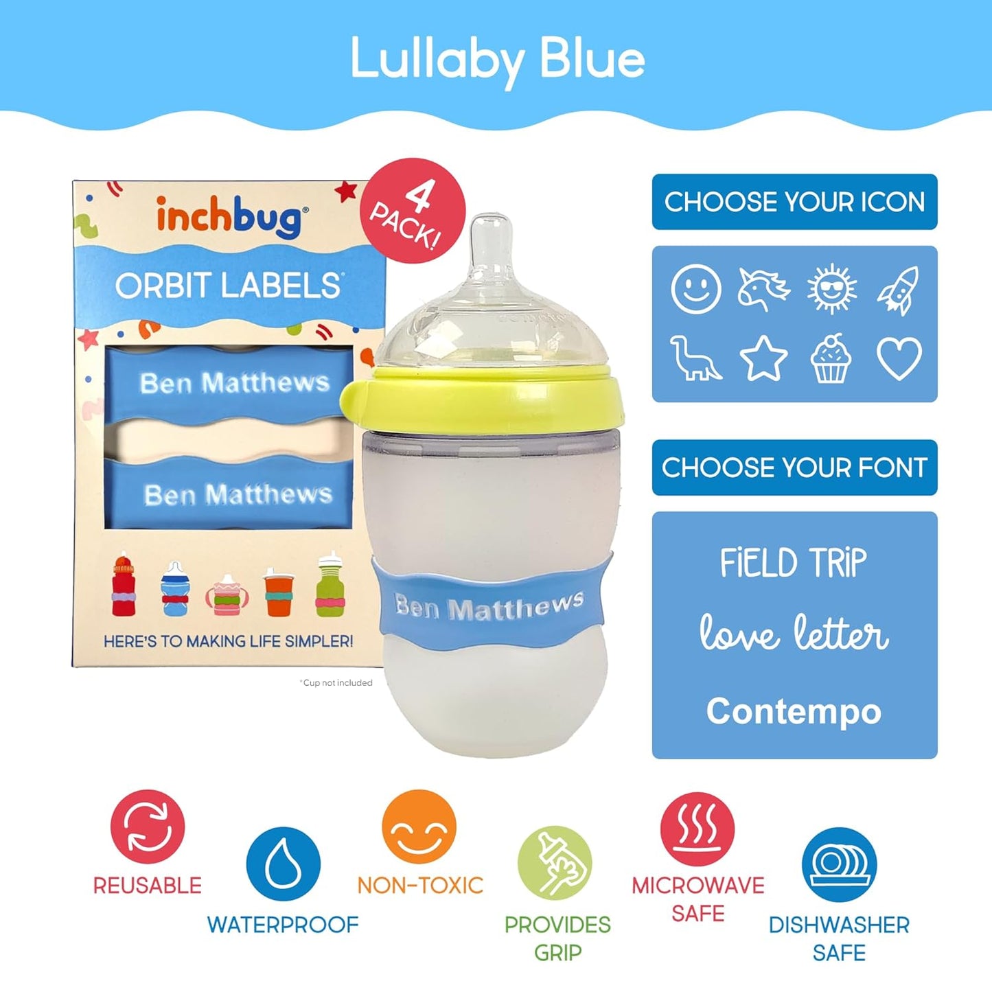 InchBug Orbit Labels - Baby Bottle Name Labels for Daycare, Sippy Cup Bands - Engraved Silicone, Reusable, Dishwasher Safe, White Contrasting Personalization, 4-Pack (Lullaby Blue)