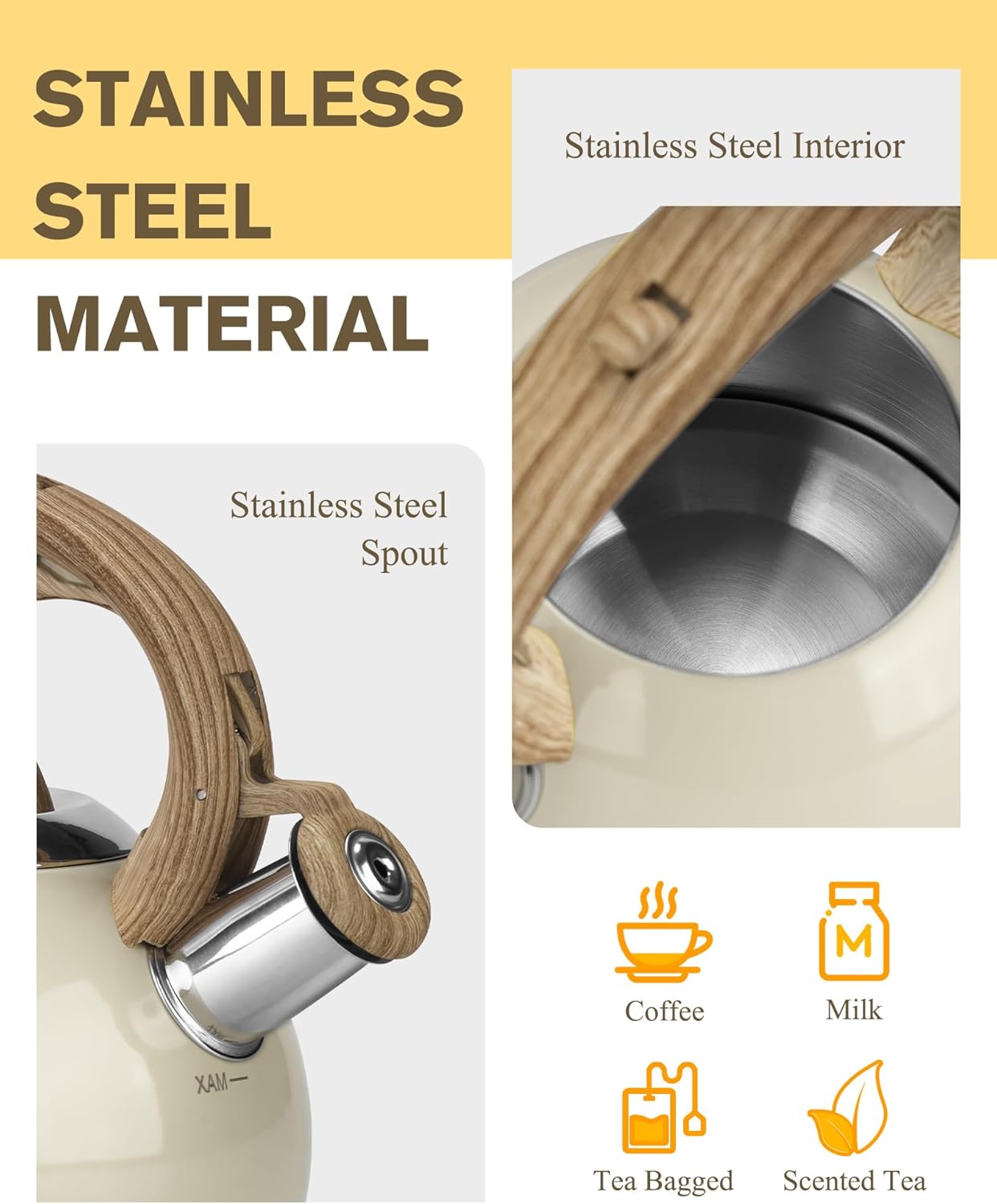 Teapot for Stovetop, 2.1 Quart Stove Top Whistling Tea Kettle, Teapot Kettles with Food Grade Stainless Steel and Wood Pattern Folding Handle, Suitable for All Heat Sources