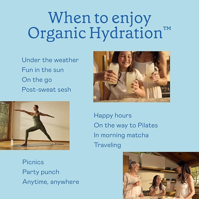 Organic Hydration Electrolyte Drink Mix, Certified Organic Hydration Powder, Non-GMO, Biochecked Glyphosate Free, Low Sugar, Lemonade Flavor, No Artificial Flavors, 20 Servings