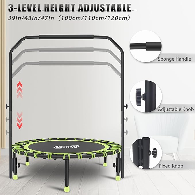 Newan 40" Silent Mini Trampoline with Adjustable Handle Bar Fitness Trampoline Bungee Rebounder Jumping Cardio Trainer Workout for Adults - Max Limit 330 lbs