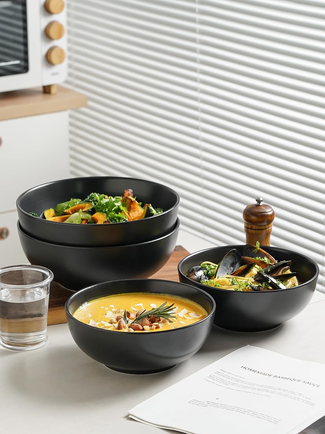 Kanwone Large Serving Bowls - 55 Ounce, Ceramic Salad Bowls, Pasta, Porcelain Soup Bowls, Set of 2, Serving Dishes for Entertaining, Microwave and Dishwasher Safe, Matte Black, Housewarming Gift