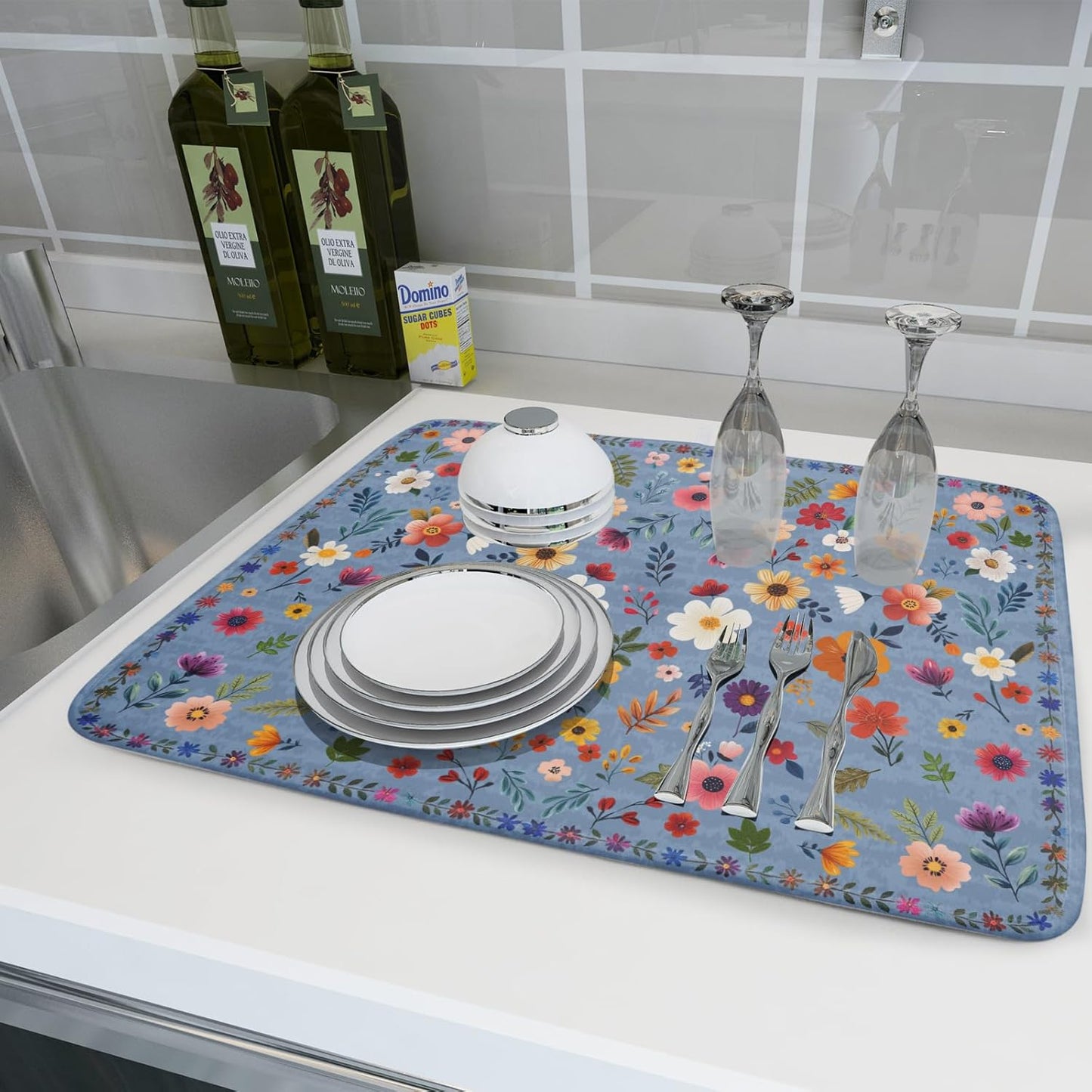 Colorful Flower Dish Drying Mat - Blue Large Floral Coffee Mat for Kitchen Counter Decor 18 X 24