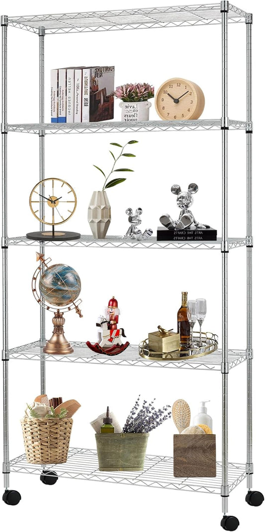 FDW Adjustable Storage Rack Wire Shelf with Wheels - 5 Tier Metal Shelves for Small Spaces - Easy Assembly, Chrome