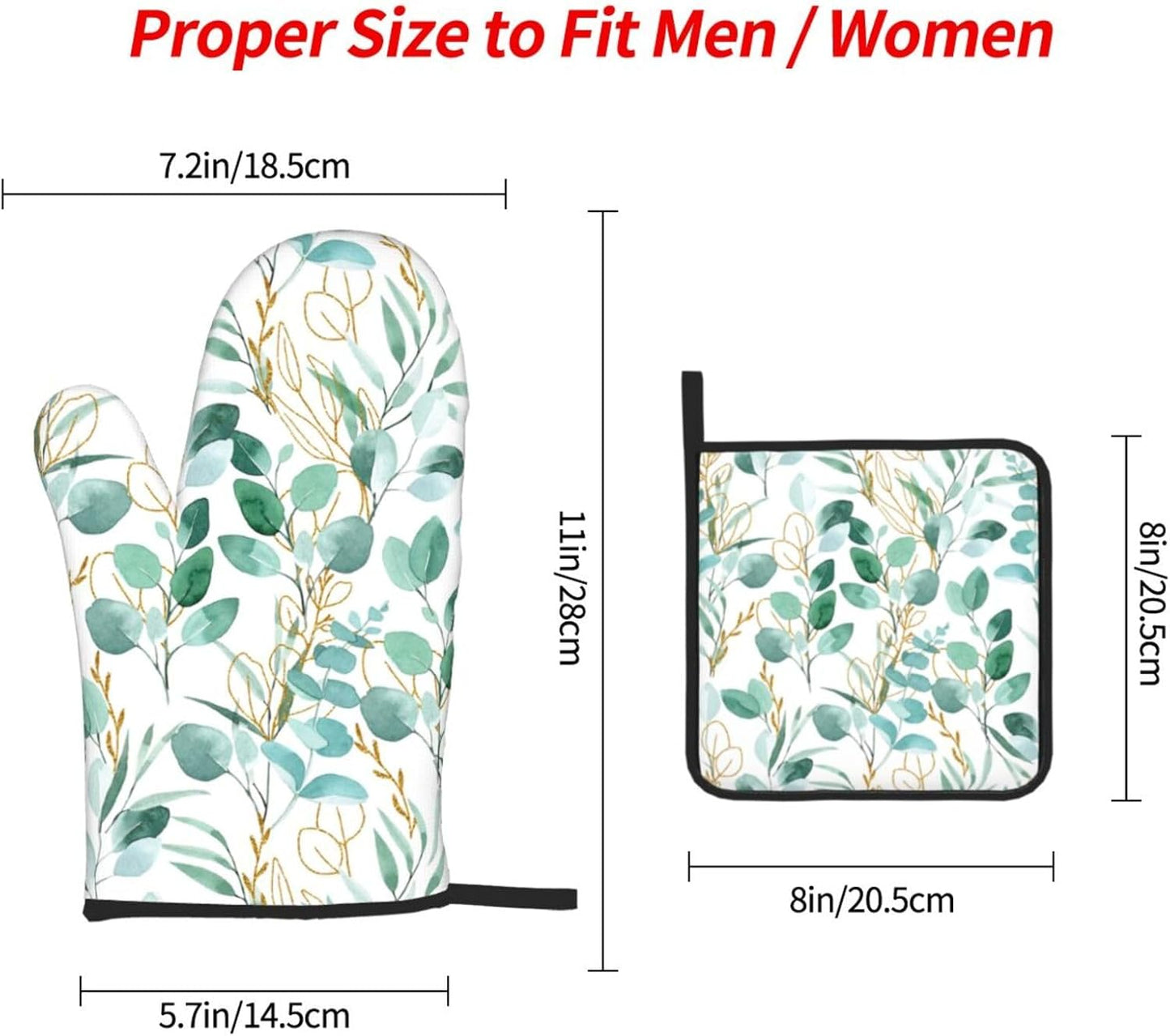 Sage Green Leaves Oven Mitts and Pot Holders Sets Heat Resistant for Kitchen BBQ Microwave Baking Grilling Cooking Set of 3 Cute Botanical Kitchen Oven Glove