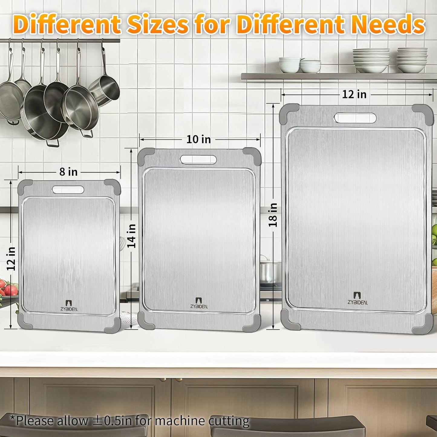 3Pcs 100% Pure Titanium Cutting Board with Grooves, Update Double Side Titanium Chopping Board, Silicone Anti-slip Stainless Cutting Boards Set for Kitchen, Grey