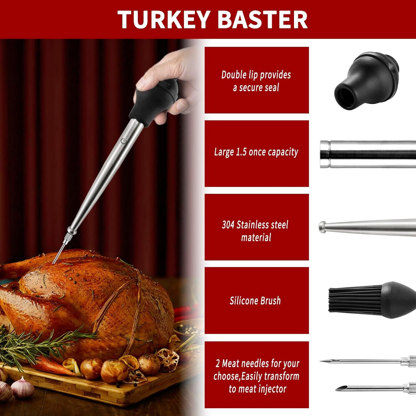 JY COOKMENT Stainless Steel Turkey Baster Baster Syringe for Cooking Meat Injector Set with 2 Marinade Needles 1 Basting Brush1 Cleaning Brush for Home Baking Kitchen Tool,2023 UPDATE