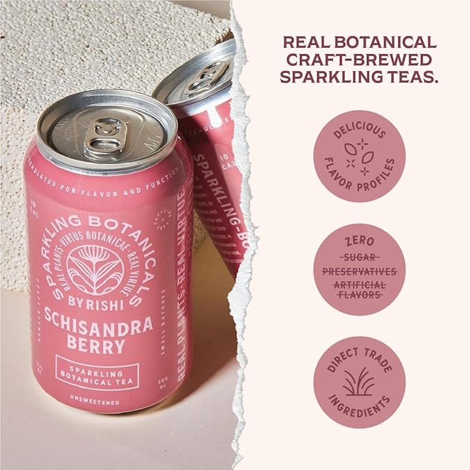 Rishi Tea Schisandra Berry Sparkling Botanicals Sparkling Water - Organic, Unsweetened, Zero Added Sugar, Caffeine Free, Real Plants, Virtus Botanicals - 12 oz (Pack of 12)