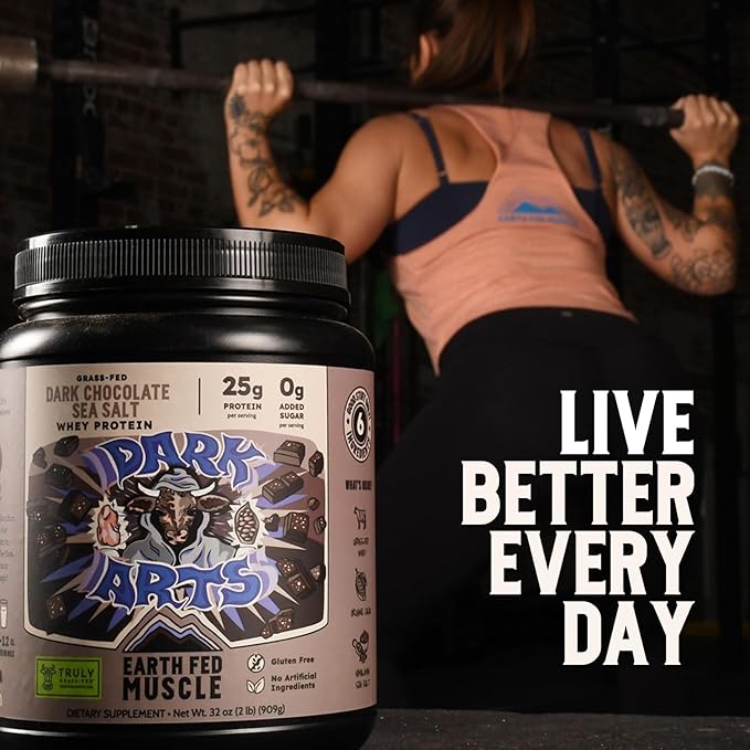 Earth Fed Muscle Dark Arts Grass Fed Truly Grass Fed Whey Protein Powder - No Artificial Ingredients, Soy Free, Gluten Free, Non-GMO and Hormone Free (2 Pound, 26 Servings, Salted Chocolate)