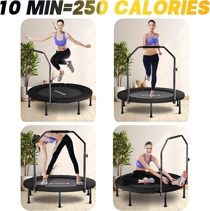 Rebounder Trampoline for Adults - 40" Foldable Mini Trampoline Fitness Rebounder with Adjustable U-Bar Handle, Max Load 350lbs,Stable Quiet Indoor/Outdoor Exercise Equipment