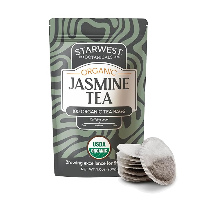 Starwest Botanicals Organic Jasmine Tea - Caffeinated Herbal Blend, Green Tea Scented with Natural Jasmine Flowers, Fragrant & Uplifting, Enjoy Hot or Iced, USDA Organic - Bulk Pack, 100 Tea Bags