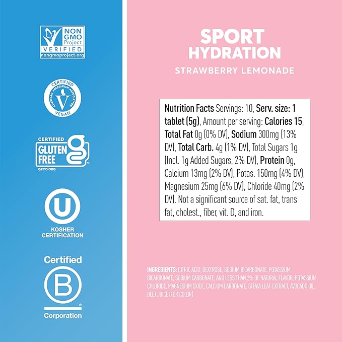 Nuun Sport Electrolyte Tablets with Magnesium, Calcium, Potassium, Chloride & Sodium, Gluten Free & Vegan, Strawberry Lemonade, 8 Pack (80 Servings Total)