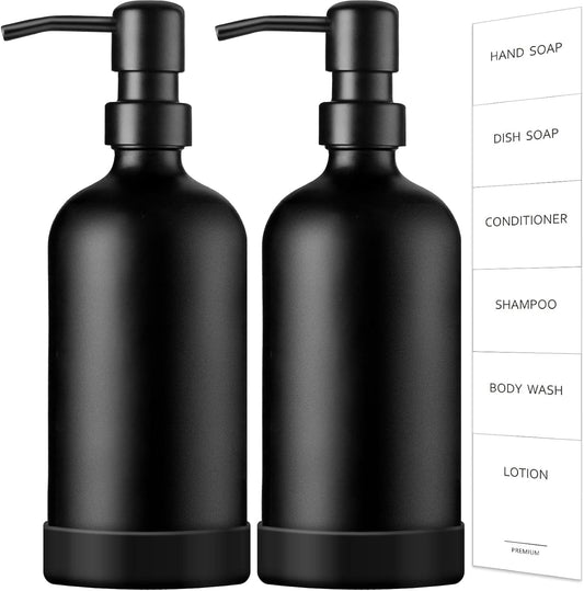 GMISUN Black Soap Dispenser with Silicone Sleeve Boot, 2 Pack Glass Bathroom Hand Soap Dispensers with Stainless Steel Pump, 17 Fl Oz Kitchen Hand and Dish Soap Dispenser Set, Liquid Dispensers Bottle