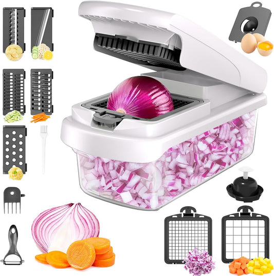 JAYVAR Vegetable Chopper for Mandoline Slicer, 15-In-1 Veggie Choppers, Cheese Grater, Onion Cutter with Container, Kitchen Gadgets Essentials, Vegetable Dicer, Onion Mincer Tomato Slicer (White)