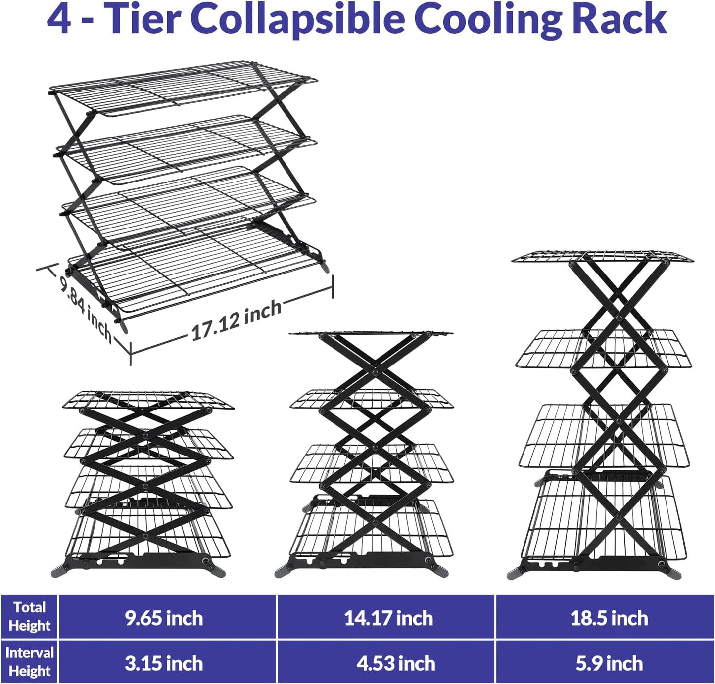 Geesta 2/3/4-Tier Upgraded Collapsible Cooling Rack with Adjustable 3 Setting Design Stackable Roasting Cooking Drying Wire Cooling Rack for Cookies Baking Gifts for Women