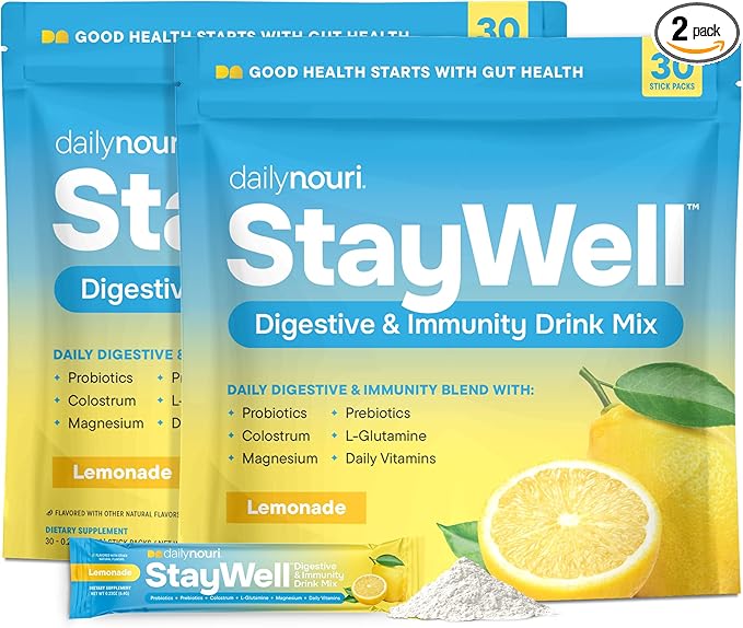 Nouri Daily StayWell Digestive & Immunity Drink Mix | Supports Gut Health, Digestion, Immunity & Energy | Probiotics, Prebiotics, Colostrum & Daily Vitamins | 30 Stick Packs