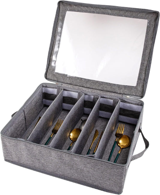 Flatware Utensil Storage Case With Adjustable Dividers,5 Compartments Zipper Flatware Storage Case, Silverware Storages Cases With Handles And Organizes Cutlery Stackable