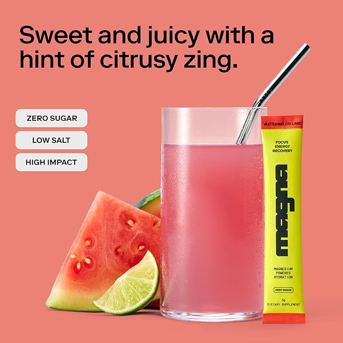 Magna Electrolyte Powder Drink Mix for Hydration, Energy & Focus Support with Magnesium L Threonate, Malate & Glycinate, Sodium, Potassium, Vitamin D, B6 & B12, Watermelon Lime Flavor, 28 Servings
