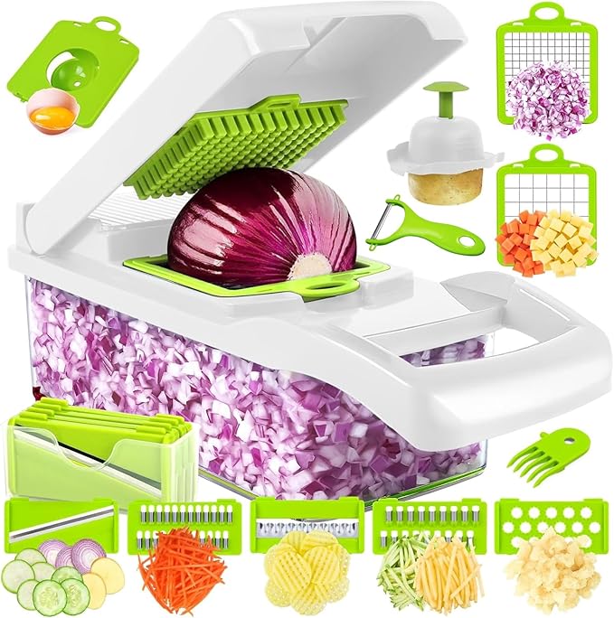 Vegetable Chopper & Spiralizer - Food Chopper with Container | Fruit Slicer, Kitchen Gadget | Dice, Slice, Shred Veggies/Fruits | Perfect for Salads（17-in-1green）