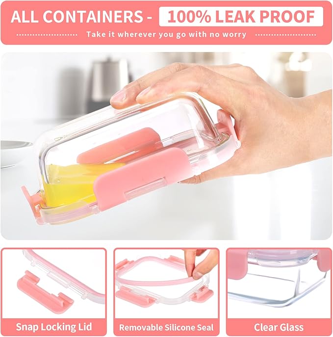 Small Glass Food Storage Containers 12 Pack-12oz Glass Containers with Lids for Meal Prep, Food Storage, Freezer to Microwave Safe, Air-Tight, Leak-Proof, Pink Set