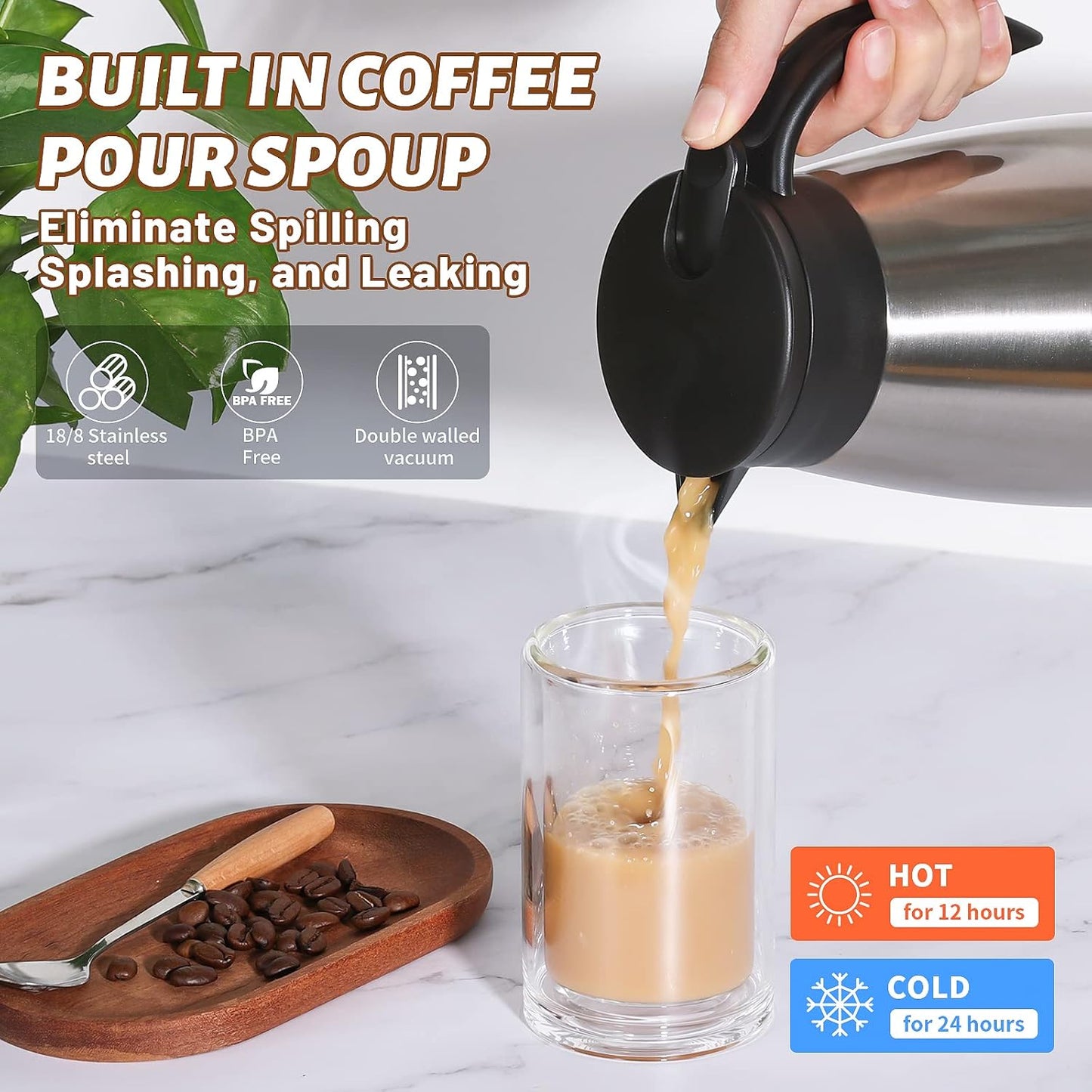 34 Oz Thermal Carafe, Insulated Stainless Steel Coffee Carafes for Keeping Hot Coffee & Tea for 12 hrs and Cold for 24 hrs, 1L/Silver