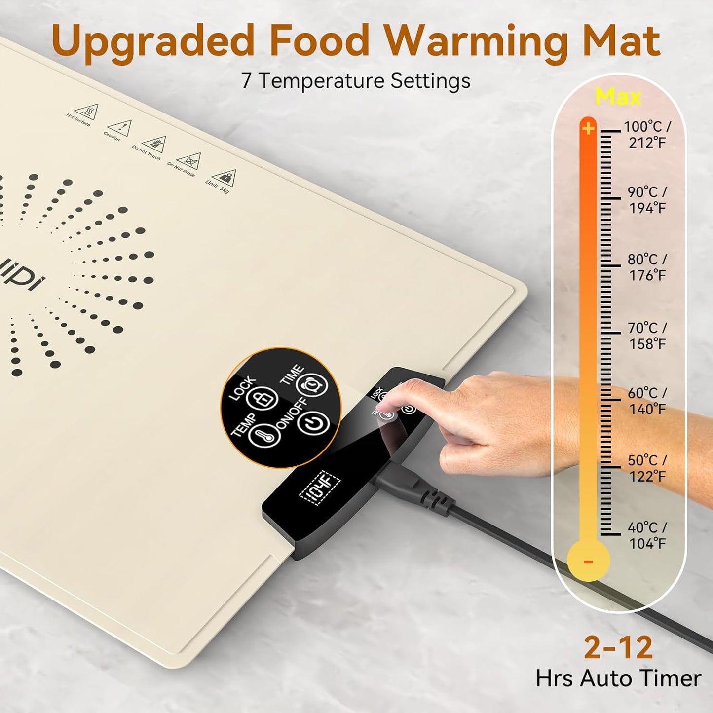 Food Warming Mat, IUIPI Electric Warming Tray with 7 Temperature Settings 2-12H Timer and Child-Lock Fast Full Surface Heating Roll Up Food Warmers for Parties Buffet Gatherings Countertop