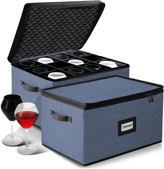 Wine Glass Storage Box with Dividers, 2 Pack Stackable Stemware Storage Cases, Service of 24 Glassware Storage Containers, Quilted China Storage Containers for Moving and Seasonal Storage, Blue