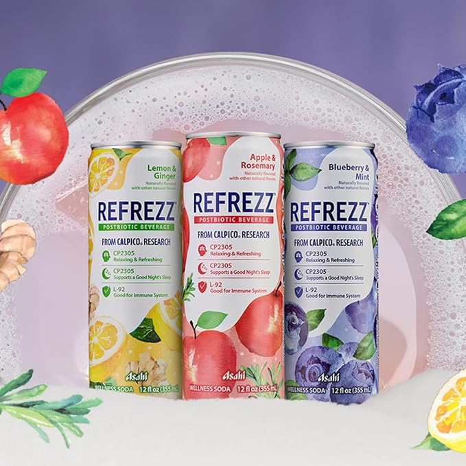 REFREZZ Postbiotic Beverage, Blueberry & Mint, Relaxing and Refreshing, Supports a Good Night's Sleep, Good for Immune System, Gluten Free, Non‑GMO, 35Calories, 12oz (12Cans)