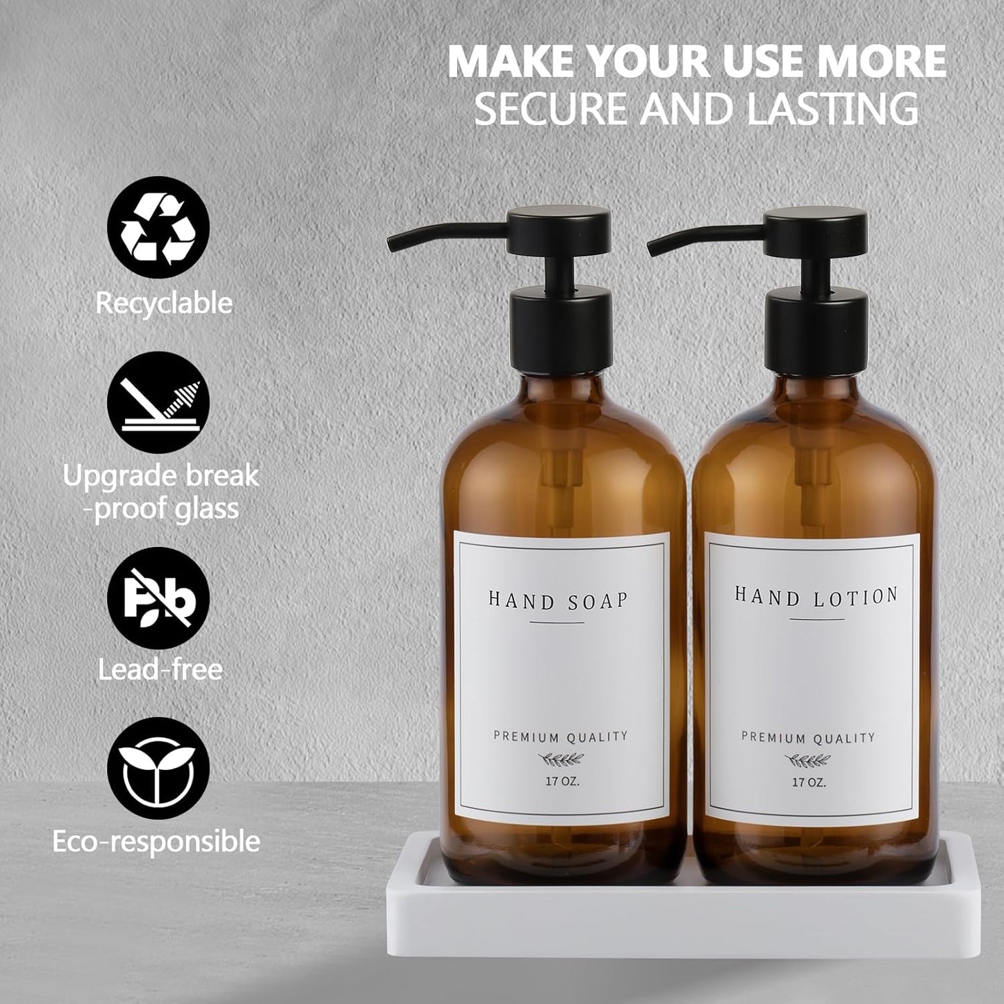 Amber Glass Soap Dispenser - Dish Hand Soap Dispenser for Kitchen, Bathroom Soap Lotion Dispenser with Pump, Refillable Liquid Soap Pump Dispenser Set with Tray, Amber Bottle/Black Pump-pd