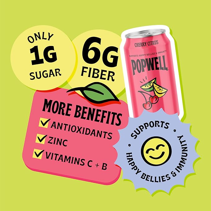 Popwell Cherry Citrus Better-For-You Prebiotic Soda, with 6g Fiber, 1g Sugar, Vitamins and Immunity Support, 12 fl oz Cans (pack of 12)