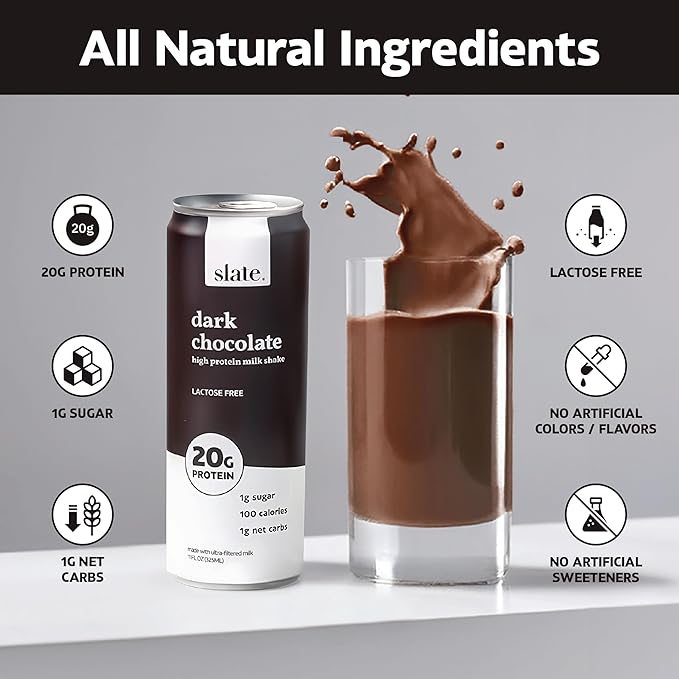 Slate Milk - High Protein Milk Shake - Dark Chocolate - Lactose Free, 20g Protein, 1g Sugar, 100 Calories, 1g Net Carbs, No Added Sugar - Natural, Breakfast Boost, Post Workout - 11 fl oz, 48 Cans