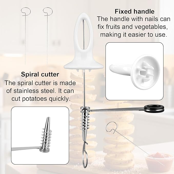 Tornado Spiral Potato Cutter Set, Manual Tornado Spiral Potato Cutter with 4pcs Stainless Steel Skewers Vegetable Spiralizer for Fry Chips Making Practical Kitchen Gadgets