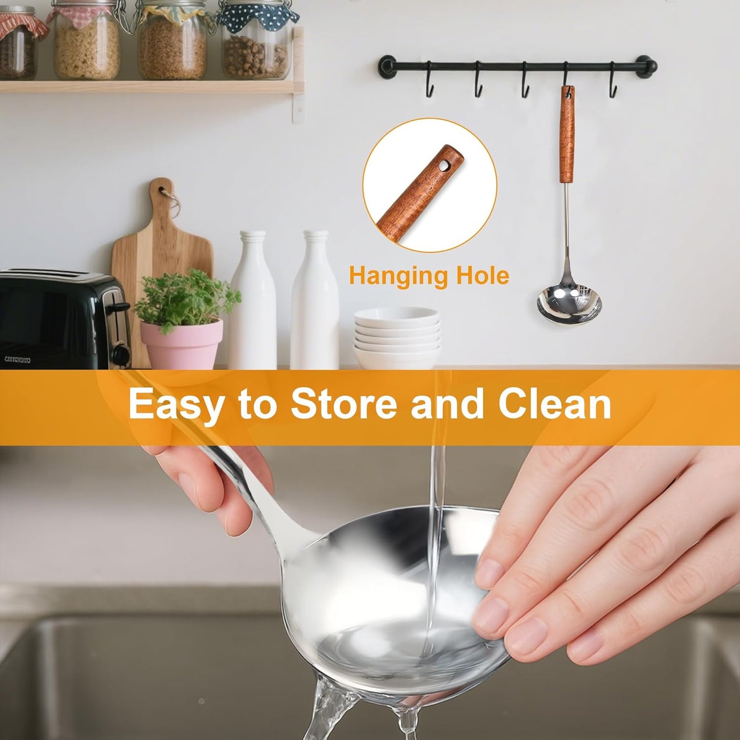 FJNATINH Soup Ladle, Food Grade Stainless Steel Ladle, Cooking Soup Spoon Kitchen Tools with Heat Resistant Wooden Handle, 13.7 Inches