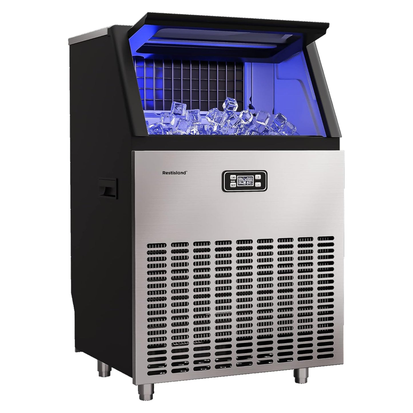 Commercial Ice Maker Machine, 200 lbs/24 Hours, 48 lbs Storage Bin, Stainless Steel, Blue Light, Freestanding, Great for Home or Business, Includes Ice Scoop, Connecting Hose