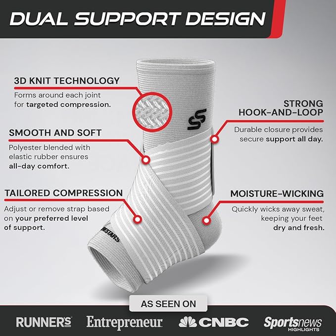 Sleeve Stars Ankle Brace for Women & Men, Ankle Wrap for Sprained Ankle, Compression Sleeve for Plantar Fasciitis Relief, Easy Customizable Support: w/Removable Strap (Single/S:9"-10"/White)