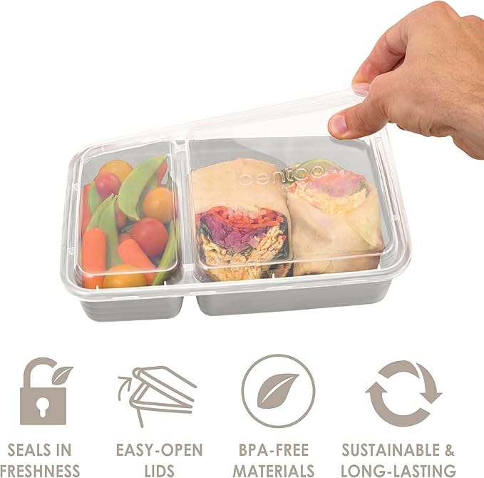 Bentgo 20-Piece Lightweight, Durable, Reusable BPA-Free 2-Compartment Containers - Microwave, Freezer, Dishwasher Safe - Whisper Gray