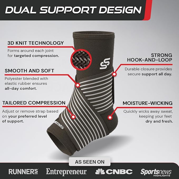 Sleeve Stars Ankle Brace for Women & Men, Ankle Wrap for Sprain, Compression Sleeve for Plantar Fasciitis Relief, Easy Customizable Support: w/ Removable Strap (Single/M:10"-12"/Dark Brown)