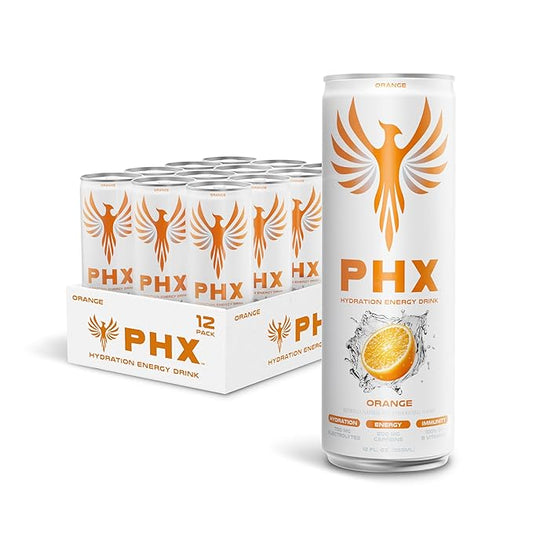 PHX Hydration Energy Drink - 700mg Electrolytes, 200mg Natural Green Tea Caffeine, 100% Daily Value 8 Essential Vitamins - 12 oz Cans (12 Pack) (12 Pack, Orange)
