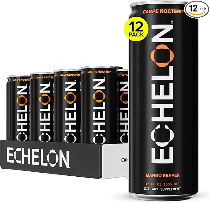 Echelon Pre-Workout Energy Drink - 12-Pack, Mango Reaper - Peak Performance, Sustained Energy, Focus and Endurance Dietary Supplement - 300mg of Caffeine, Beta-Alanine, L-Theanine & Fiber - Vegan