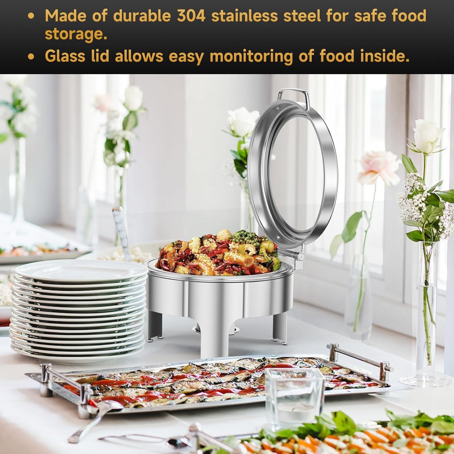 Chafing Dishes for Buffet, 6QT Round Stainless Steel Chafing Dish with Transparent Hydraulic Lid, 304 Food Pan, Buffet Warmer for Parties and Events (Silver)
