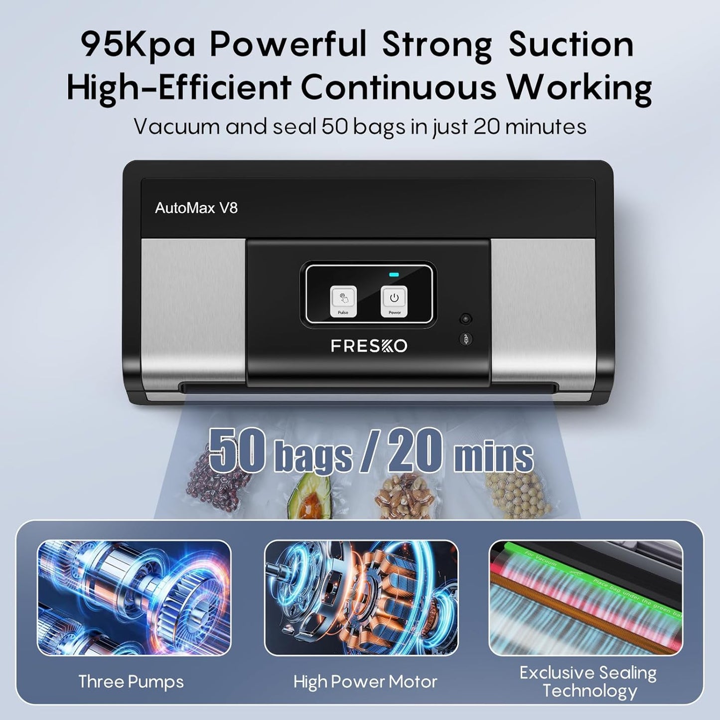 Fully Automatic Vacuum Sealer, 95Kpa Powerful Food Vacuum Sealer Machine, Auto Dry-Wet Detection | Bag Cutter | 2 Rolls Bags & 100 Pcs Precut Bags | Effortless Operation, Silver - Black