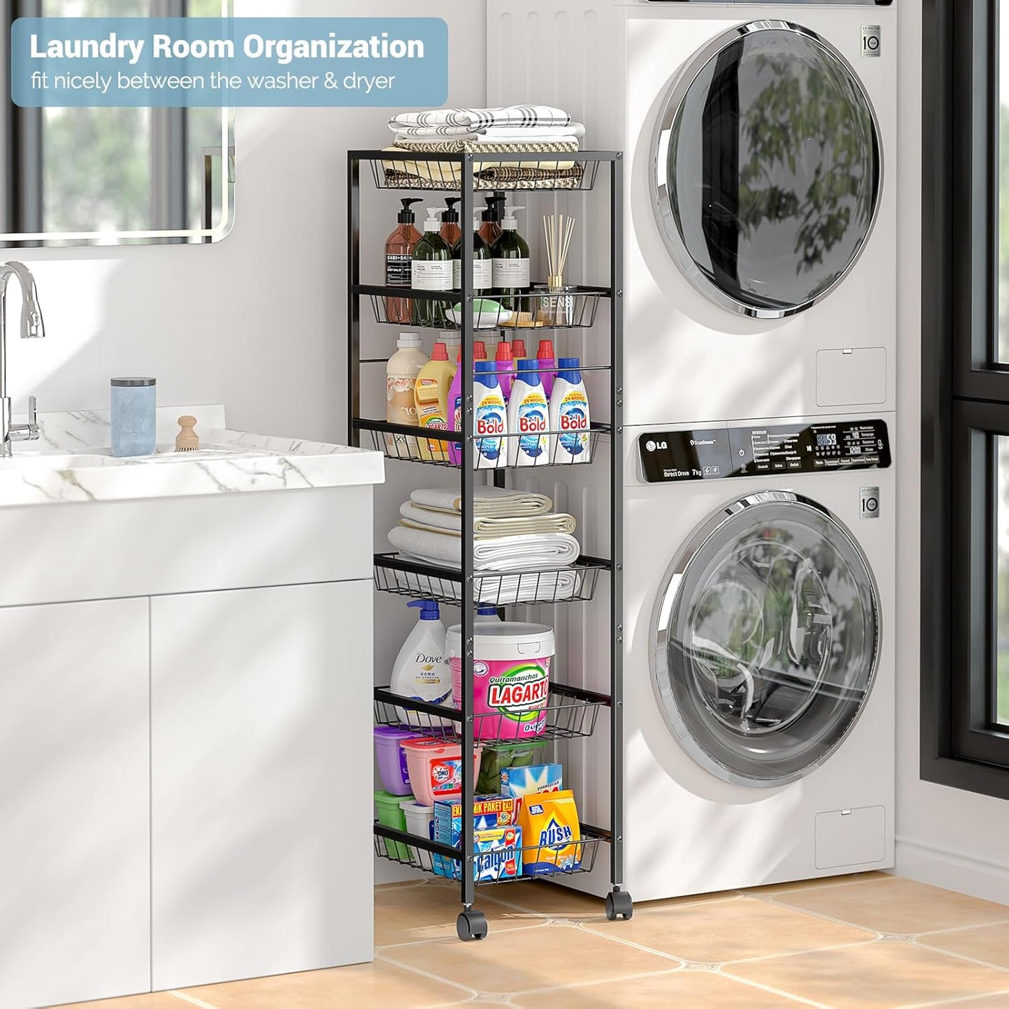 Fruit Vegetable Basket for Kitchen, 6 Tier Fruit and Vegetable Storage Cart, Metal Wire Storage Baskets with Wheels, Small Rolling Cart Organizer Rack for Pantry, Living Room, Bathroom