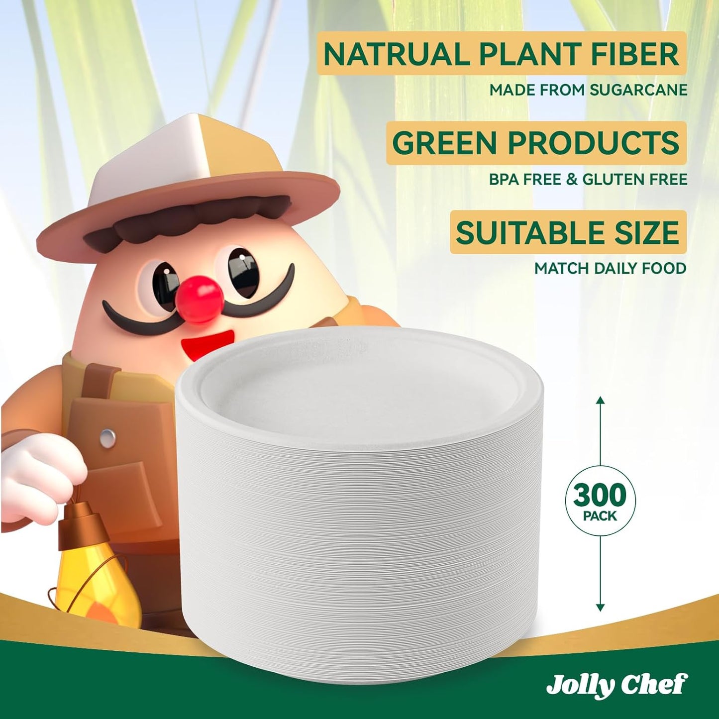 JOLLY CHEF Compostable Heavy Duty Plates 9 Inch [300 Pack] Eco-Friendly Disposable Natural Paper Plates Bagasse Biodegradable Bulk for Party Dinner Sugarcane Fibers Round 300 Count(White)
