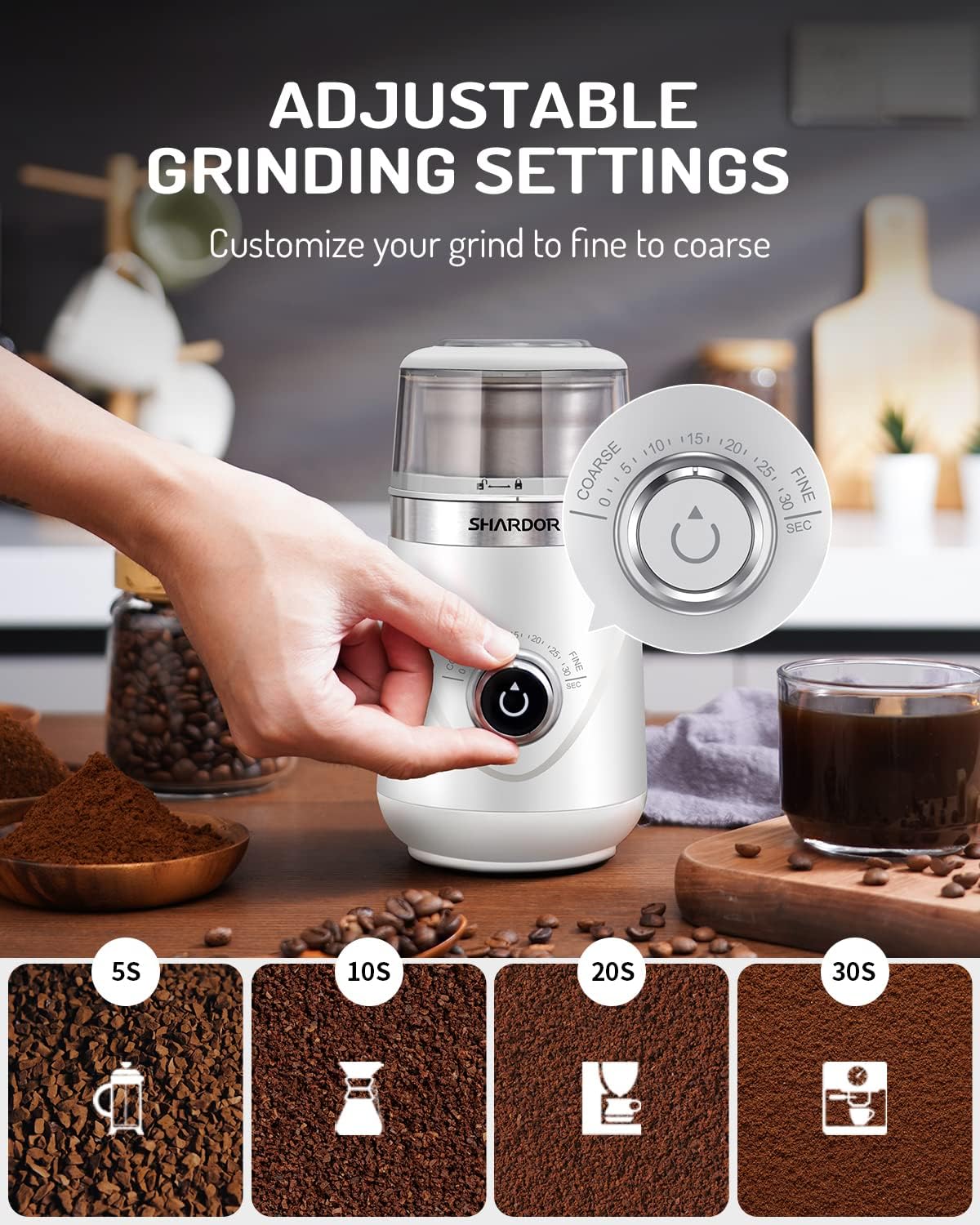 SHARDOR Electric Super Silent Blade Coffee Grinder, Timed Grind Control Rotary Knob, Adjustable Coarse to Fine for Coffee Beans, Spices & Herbs, with 2 Removable Stainless Steel Bowl, White