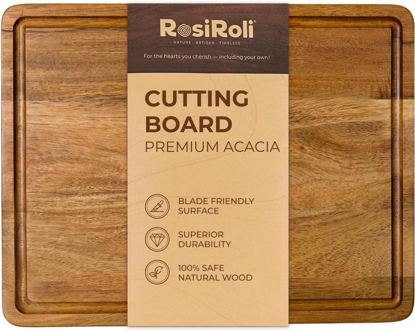 Acacia Wood Cutting Board for Kitchen - 0.8 inch Thick Wood Charcuterie Cheese Board with Side Handles and Juice Grooves, Wooden Chopping Block for Meat and Veggies, 13x10 inch