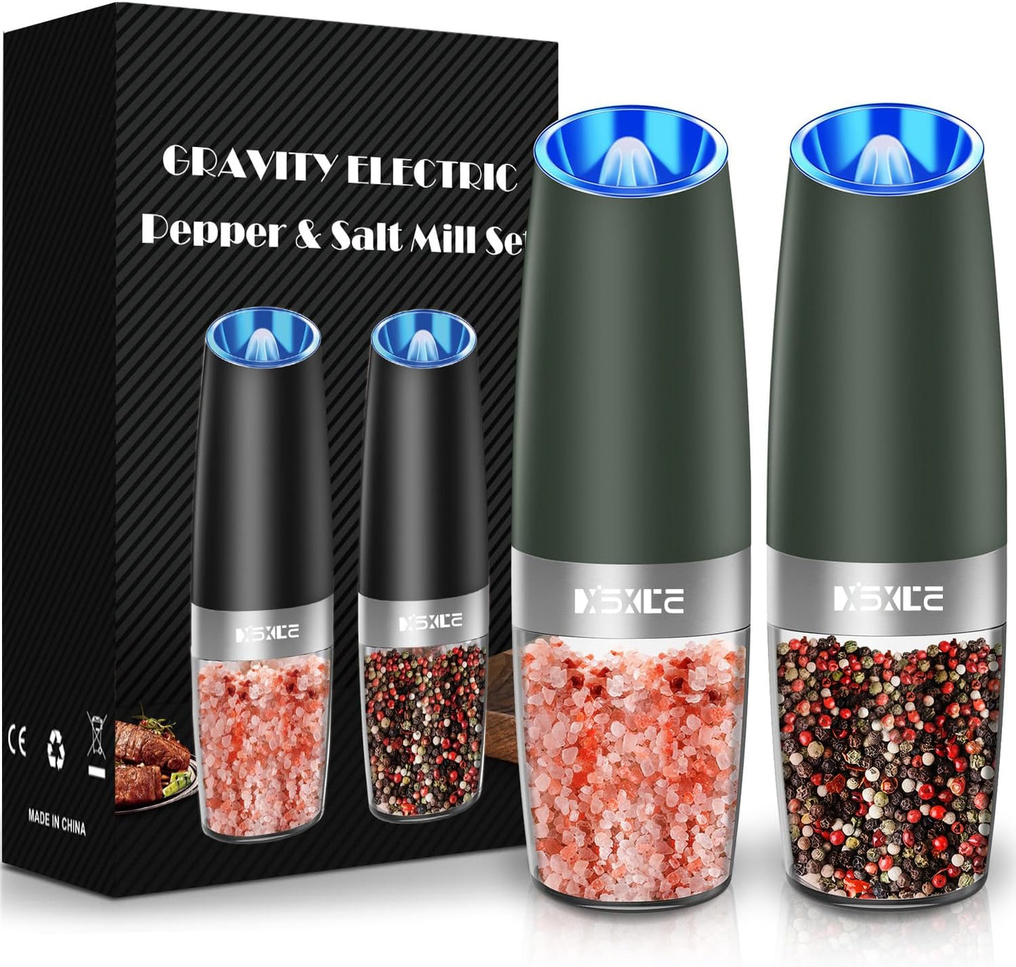 XinXu Gravity Electric Pepper and Salt Grinder Set, Adjustable Coarseness, Battery Powered with LED Light, One Hand Automatic Operation, Dark Green - 2 Pack