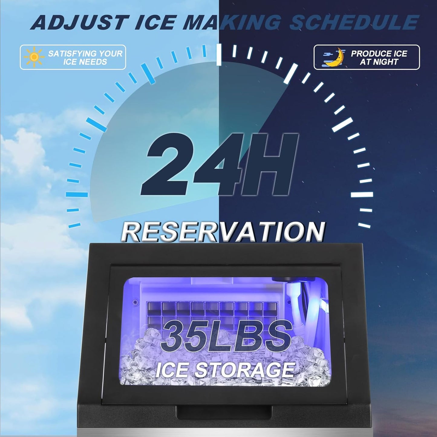 Commercial Ice Maker Machine 140LBS/24H with 30LBS Storage Bin, Stainless Steel Undercounter/Freestanding Ice Maker Machine for Home Bar Outdoor, 45PCS Ice Cubes Ice Machine, Self Cleaning