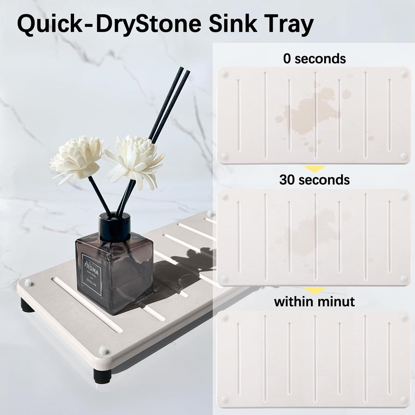 2PCS Water Absorbing Stone Drying Mat for Bathroom Sink & Kitchen Counter Organizer, Instant Dry Soap Dispenser Sponge Holder, Sink Caddy, Vanity Tray (10"x5"-White)