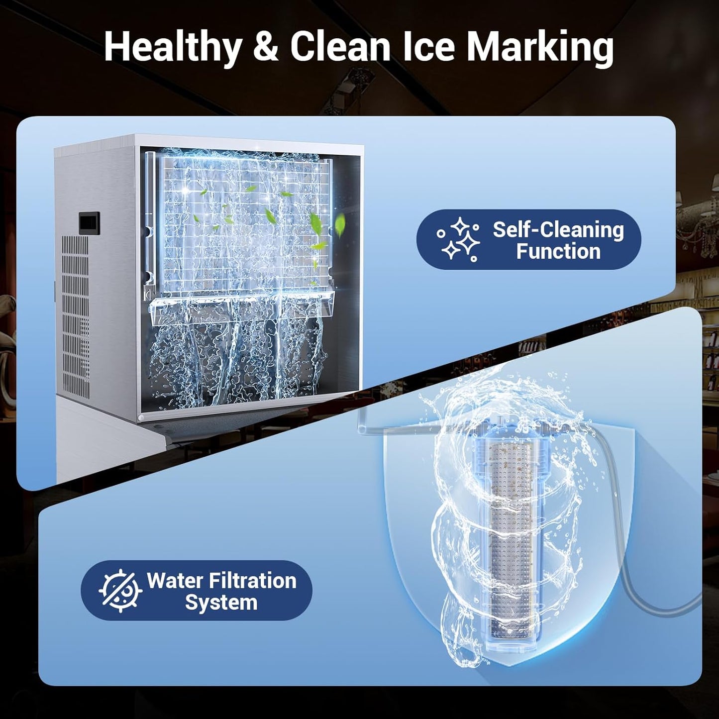 Commercial Ice Machine Maker 600lbs/24H, Ice Ready in 5-15 min, 400lbs Large Storage Bin, Stainless Steel Ice Machine with Water Line Hookup, 12 Adjustable Ice Thicknesses