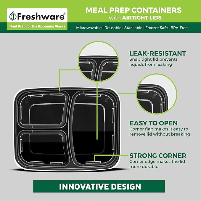 Freshware Meal Prep Containers 21 Count (Pack of 1), 3 Compartment with Lids, Food Storage Containers, Bento Box, Stackable, Microwave/Dishwasher/Freezer Safe (24 oz)
