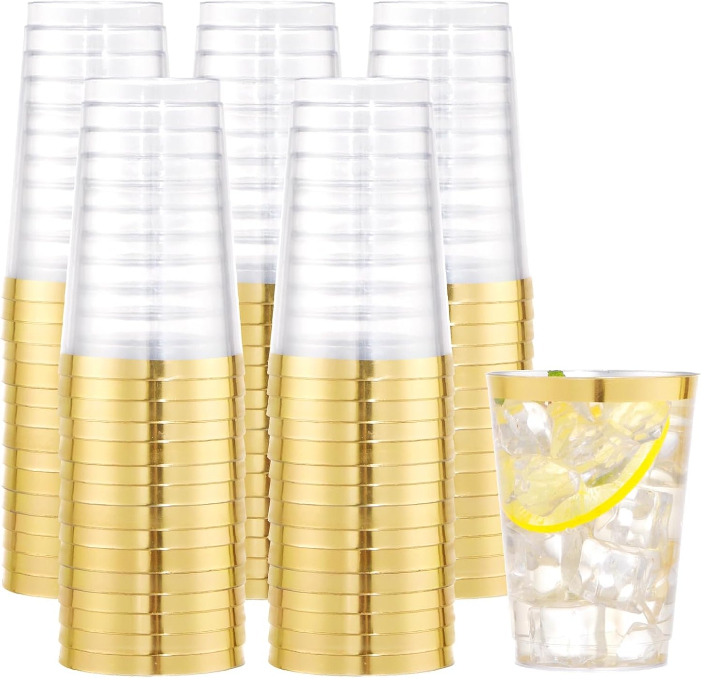 I00000 100PCS Gold Plastic Cups,10 oz Clear Plastic Cups with Gold Trim, Gold Plastic Beer Mugs，Disposable Hard Plastic Cups For Party, Premium Gold Rimmed Plastic Cups Perfect for Wedding & Party